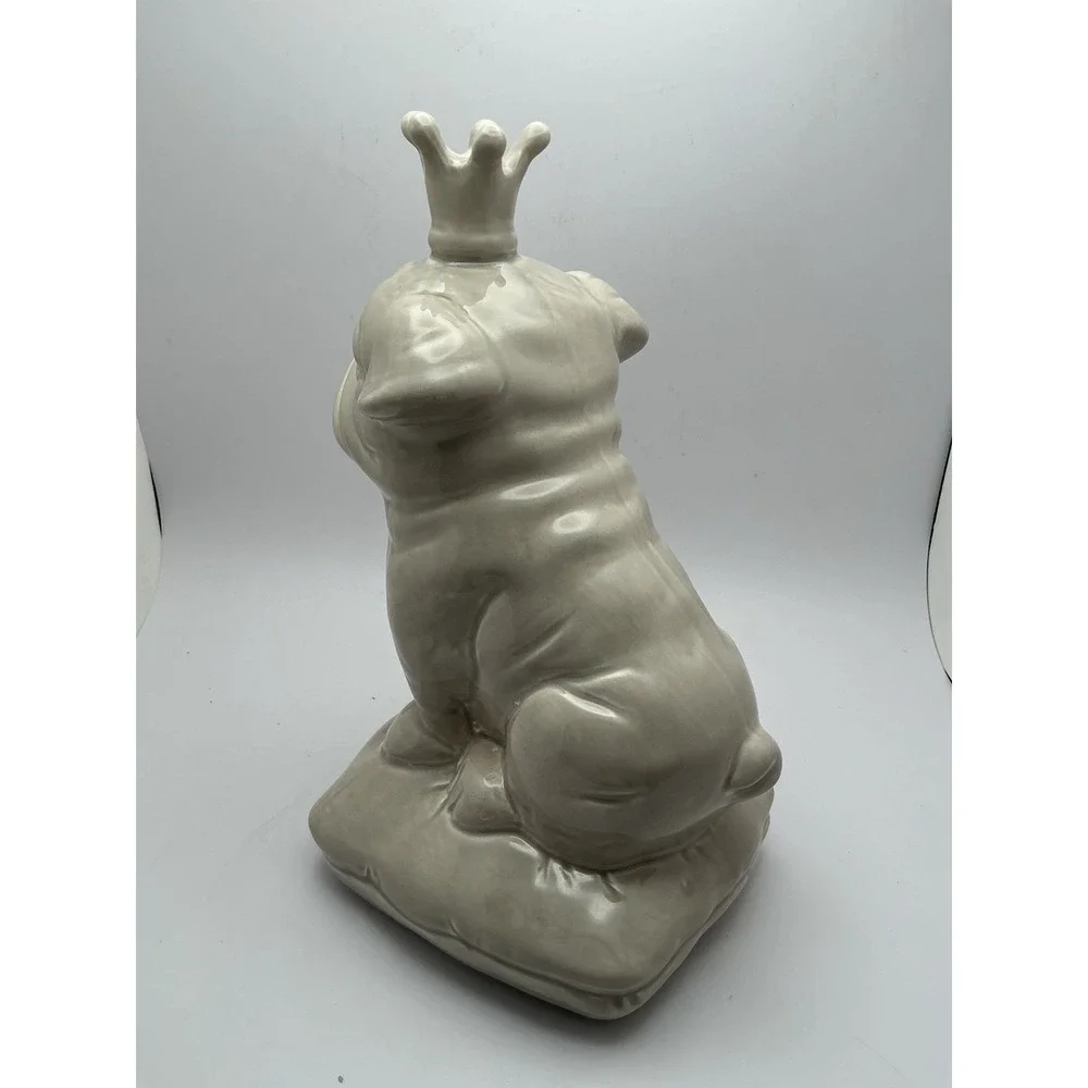 Ceramic British Bulldog with Crown Sitting On A Cushion, Glossy,‎ Light Gray